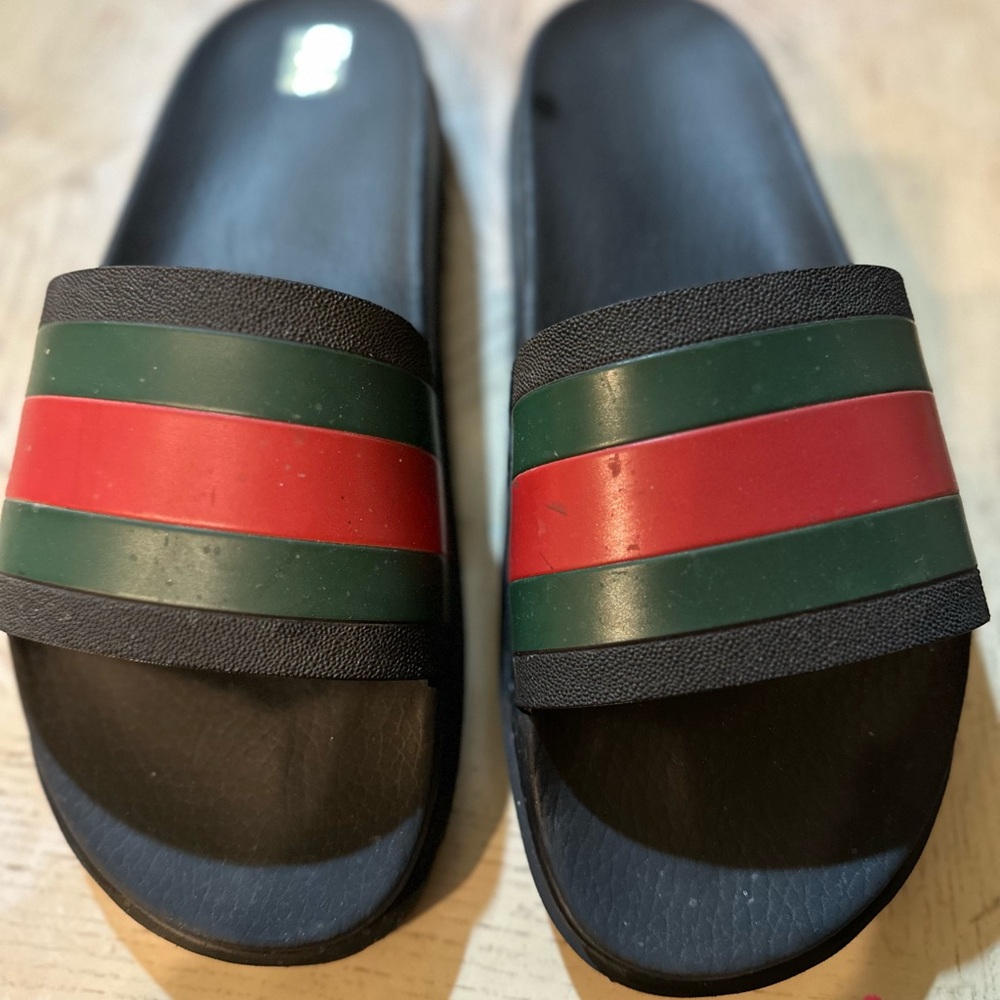 Black Slides with Red and Green Stripes
